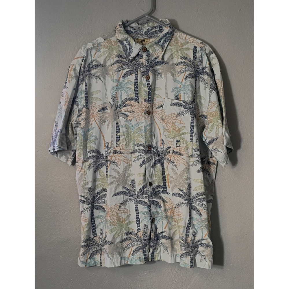Joe Marlin Tropical Palm Tree Hawaiian Shirt Mens L Blue Button Up Short Sleeve‎
